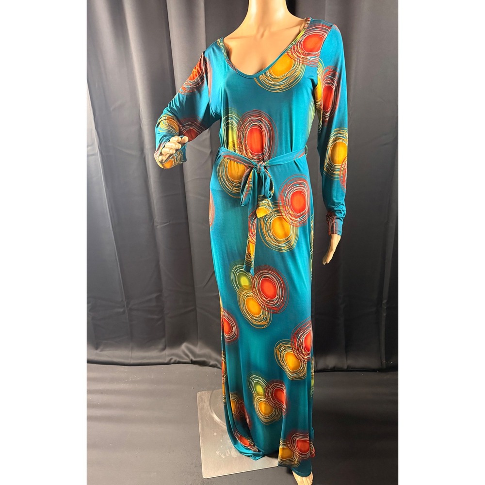 Sexy Diva Teal Geometric Circle Print Maxi Dress 1XL Retro Maximalist Artsy Boho